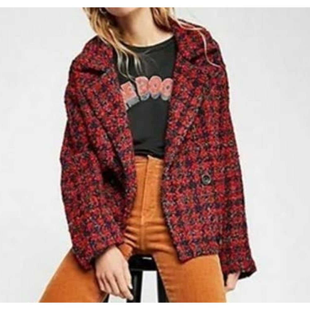 Free People Red Black Boucle Wool Blend Baby Coat Size Medium